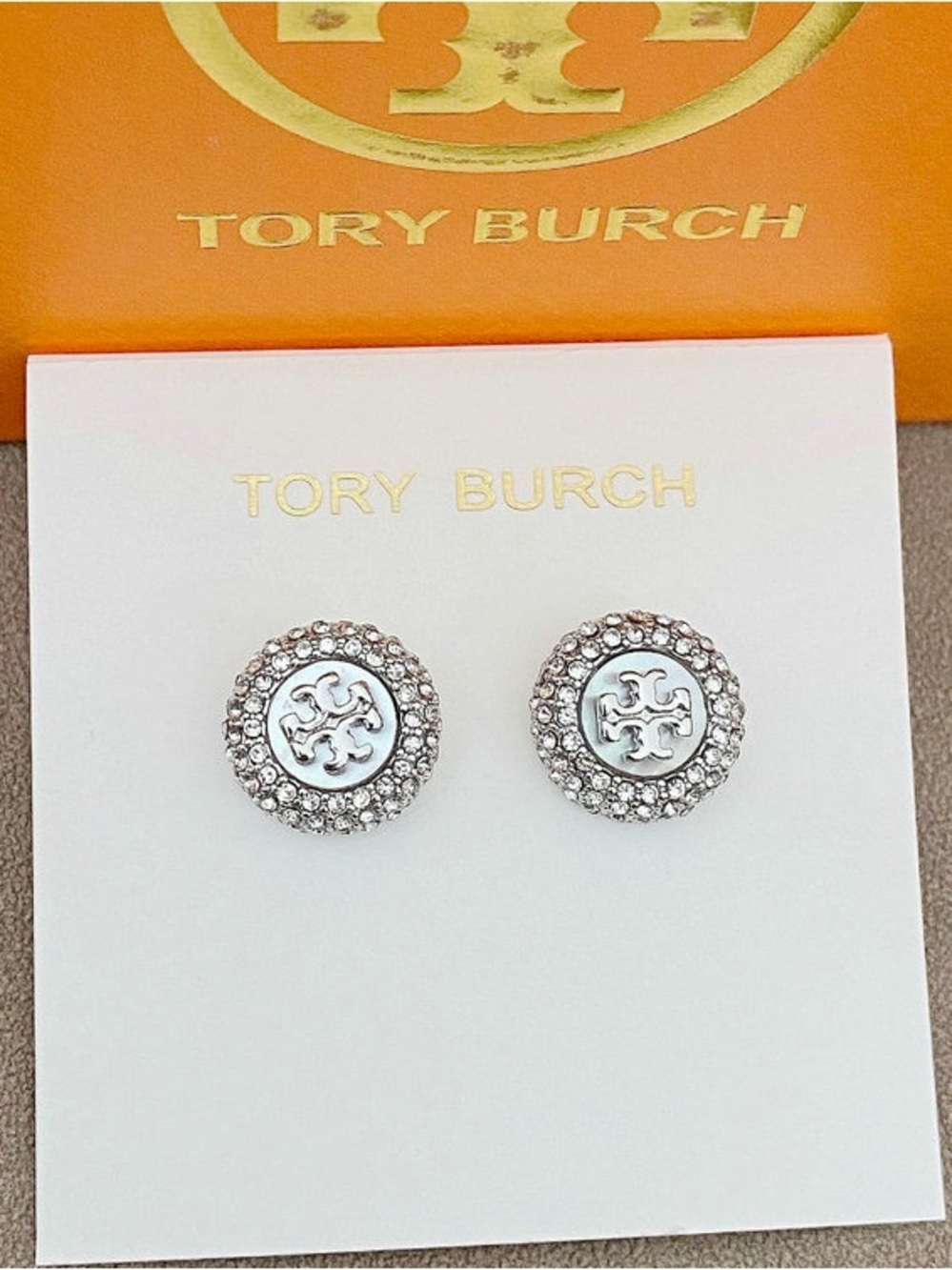 Tory Burch Silver Crystal Logo Halo Stud Earrings